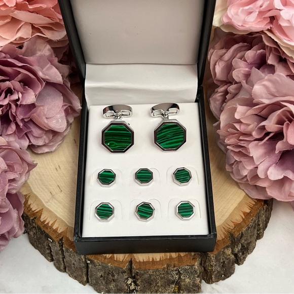 Stunning Green Malachite Silver Octagon Cufflinks Tuxedo Studs Formal 8 Pcs Set - Picture 15 of 16